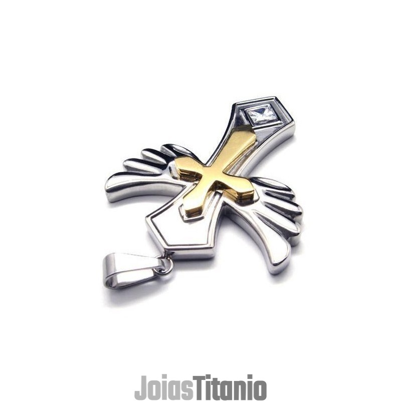 Pingente De Aço Titânio Com Cruz Dourada E Asa De Ângulo, Corrente Grátis