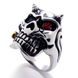 Anel De Titânio Com Caveira E Diamante Vermelho