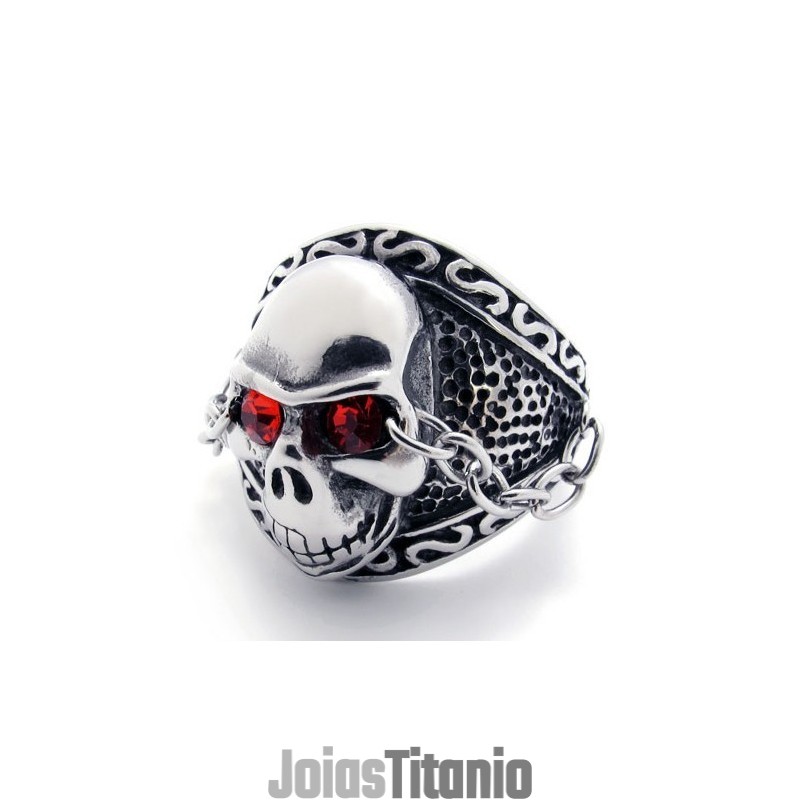 Anel De Titânio Com Caveira E Diamante Vermelho