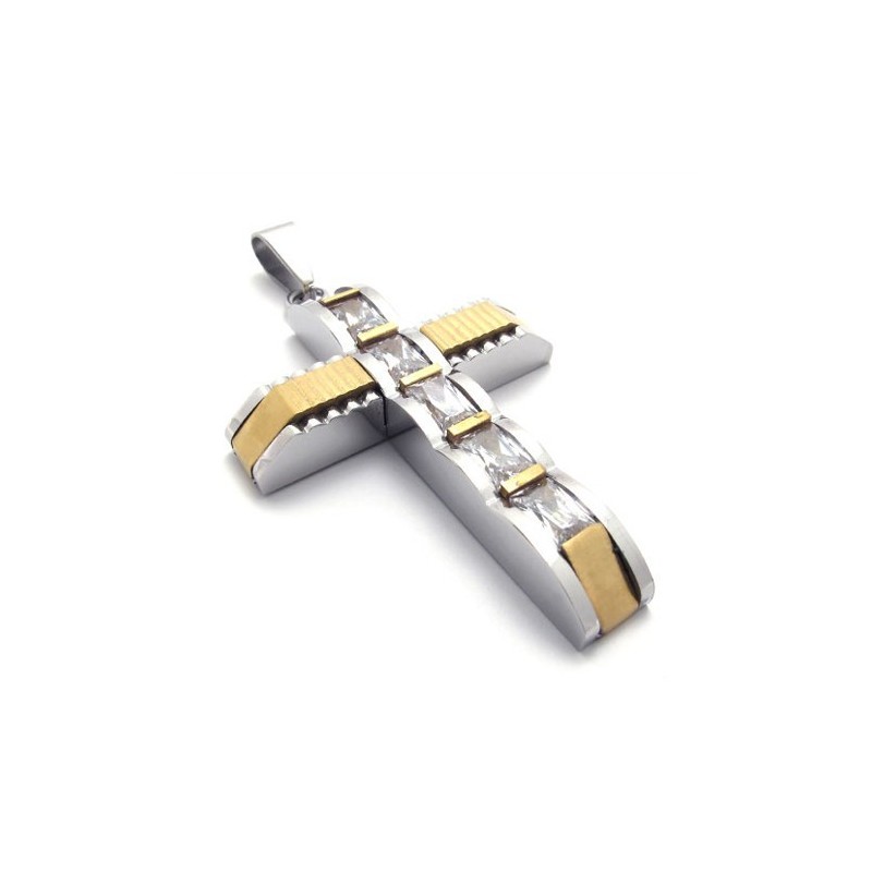 Pingente De Cruz De Titânio Com Diamante E Cruz Dourada