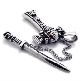 Pingente De Cruz De Titânio Com Caveira E Adaga De Diamante Vermelho