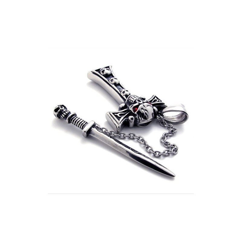 Pingente De Cruz De Titânio Com Caveira E Adaga De Diamante Vermelho
