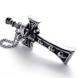 Pingente De Cruz De Titânio Com Caveira E Adaga De Diamante Vermelho