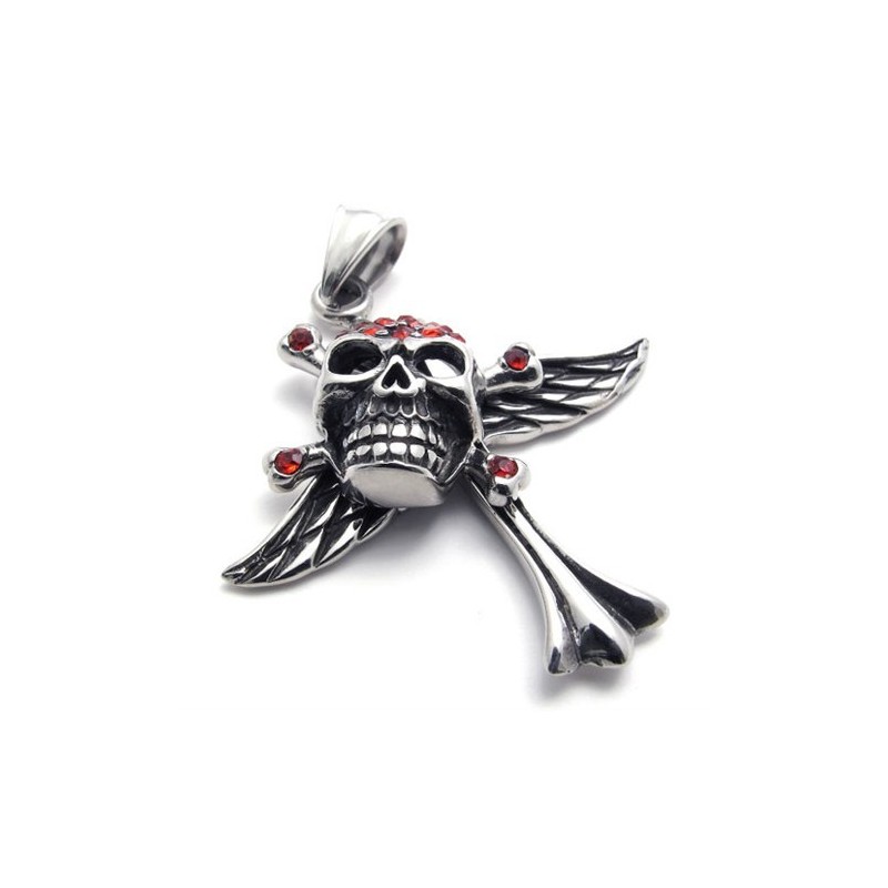 Pingente De Titânio Com Diamante Vermelho E Caveira Em Cruz