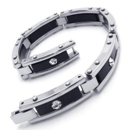 Pulseira Masculina Preta De Prata E Titânio Puro Com Pulseira De Borracha