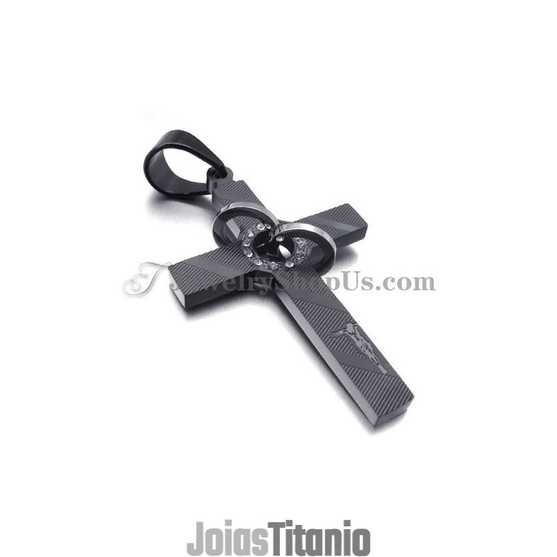Pingente De Titânio Preto Com Cruz E Strass Em Círculos Pingente De Titânio Preto Com Cruz E Strass Em Círculos