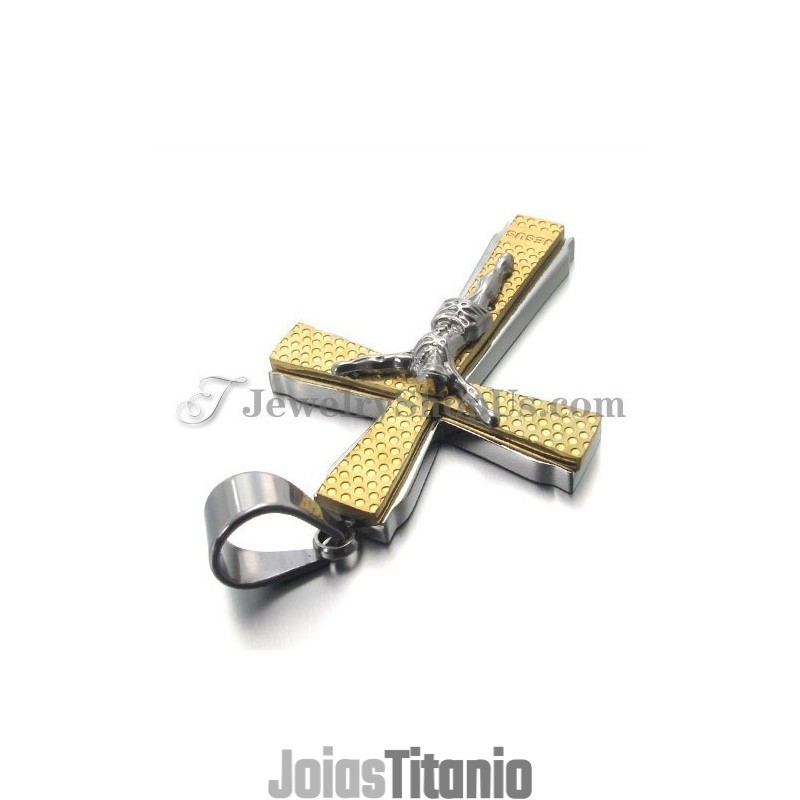 Elegante Pingente De Cruz De Jusus Em Titânio E Ouro