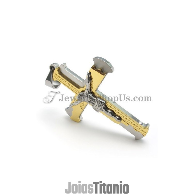 Pingente Clássico De Cruz De Jesus Em Titânio E Ouro Pingente Clássico De Cruz De Jesus Em Titânio E Ouro