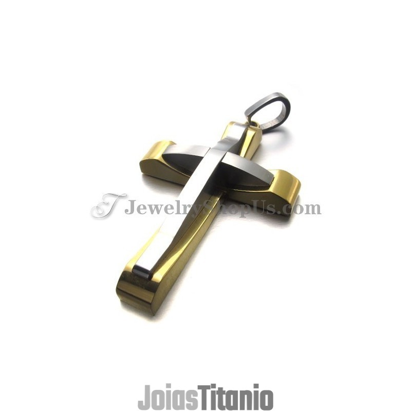 Elegante Pingente De Cruz Em Titânio E Ouro