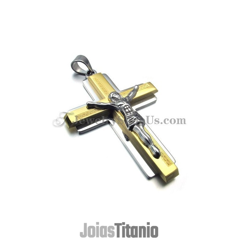 Pingente De Cruz De Jesus Em Titânio Dourado Da Moda
