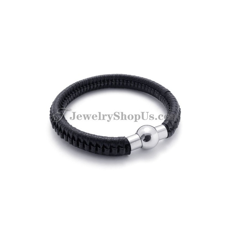 Pulseira Elegante De Titânio Preto E Couro