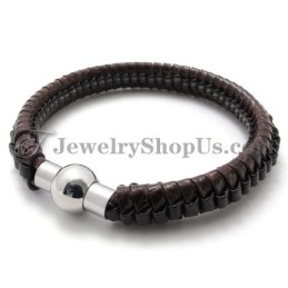 Pulseira Elegante De Titânio Marrom E Couro