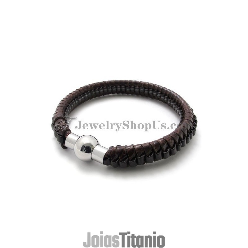 Pulseira Elegante De Titânio Marrom E Couro