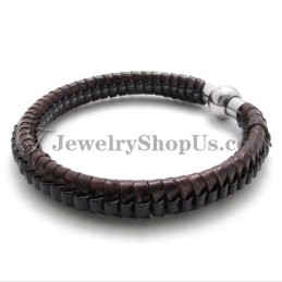 Pulseira Elegante De Titânio Marrom E Couro