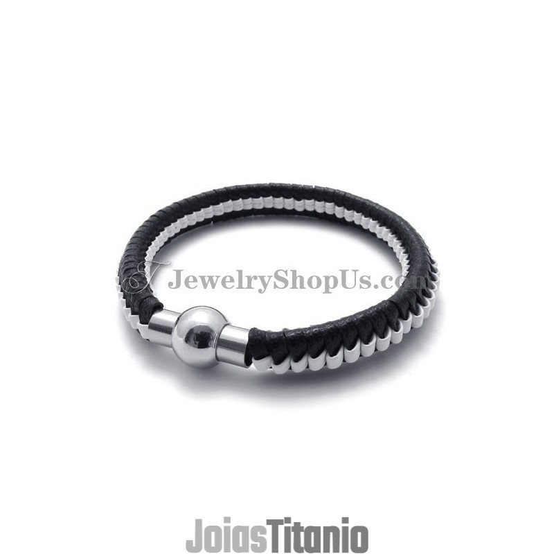 Pulseira Elegante De Couro De Titânio Preto E Branco