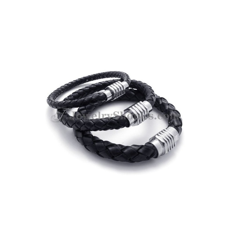 Pulseira Elegante De Titânio Preto E Couro Pulseira Elegante De Titânio Preto E Couro