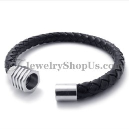 Pulseira Elegante De Titânio Preto E Couro