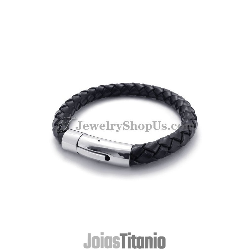 Pulseira De Couro Preto E Titânio Da Moda Pulseira De Couro Preto E Titânio Da Moda