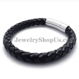 Pulseira De Couro Preto E Titânio Da Moda