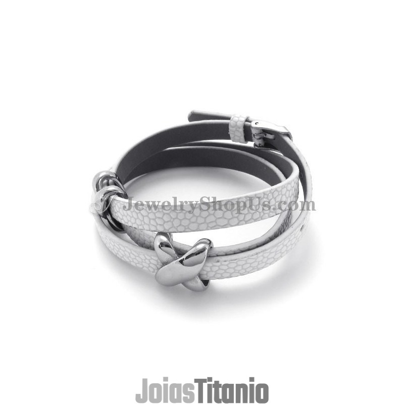 Pulseira De Couro Branco Com Titânio Da Moda