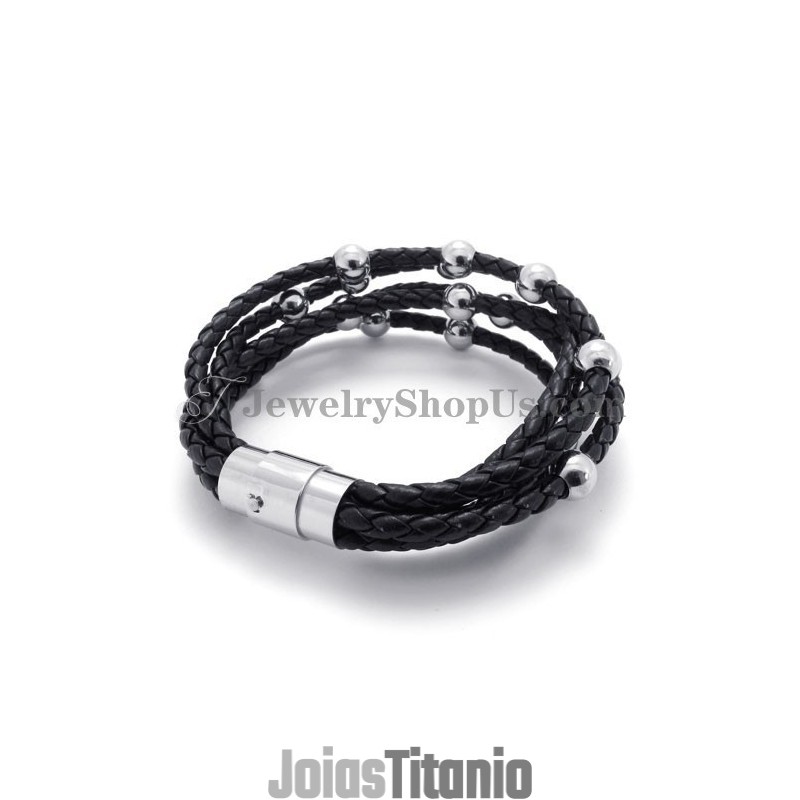 Pulseira De Couro Preto Com Titânio Pulseira De Couro Preto Com Titânio
