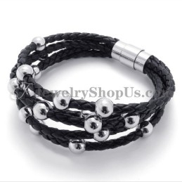 Pulseira De Couro Preto Com Titânio