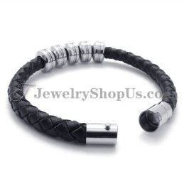 Pulseira De Couro Preto E Titânio Da Moda