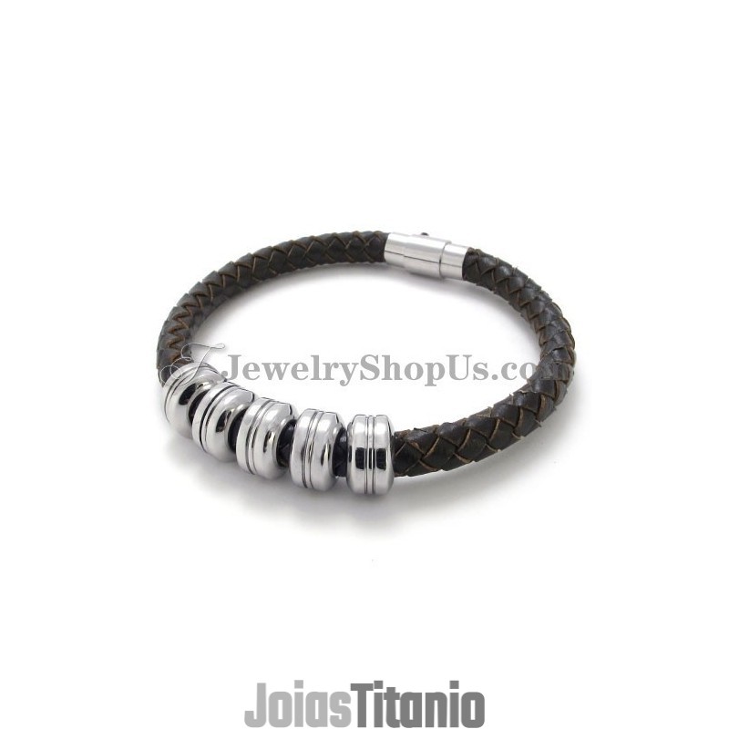 Pulseira Elegante De Couro Preto E Titânio Pulseira Elegante De Couro Preto E Titânio