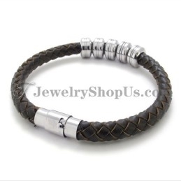 Pulseira Elegante De Couro Preto E Titânio