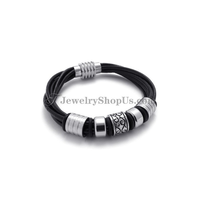 Pulseira Elegante De Couro Preto E Titânio Pulseira Elegante De Couro Preto E Titânio