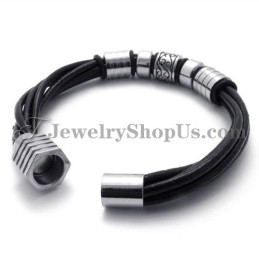 Pulseira Elegante De Couro Preto E Titânio