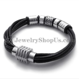 Pulseira Elegante De Couro Preto E Titânio