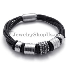 Pulseira Elegante De Couro Preto Com Titânio