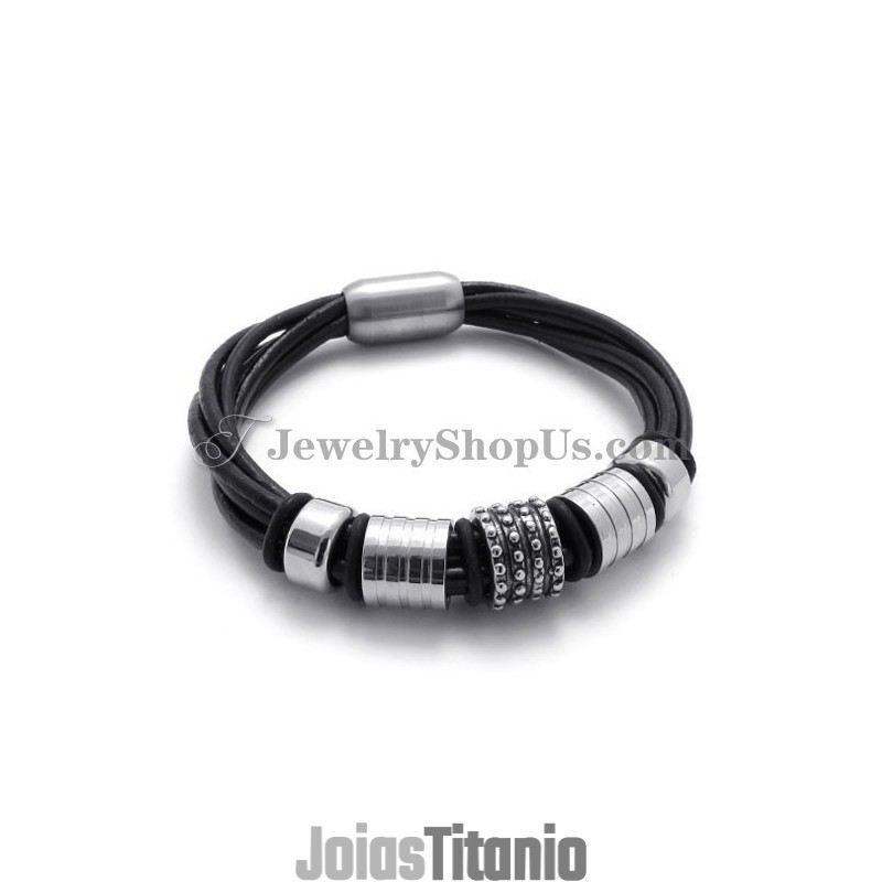 Pulseira Elegante De Couro Preto Com Titânio Pulseira Elegante De Couro Preto Com Titânio