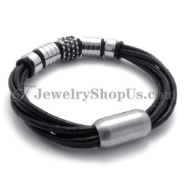 Pulseira Elegante De Couro Preto Com Titânio