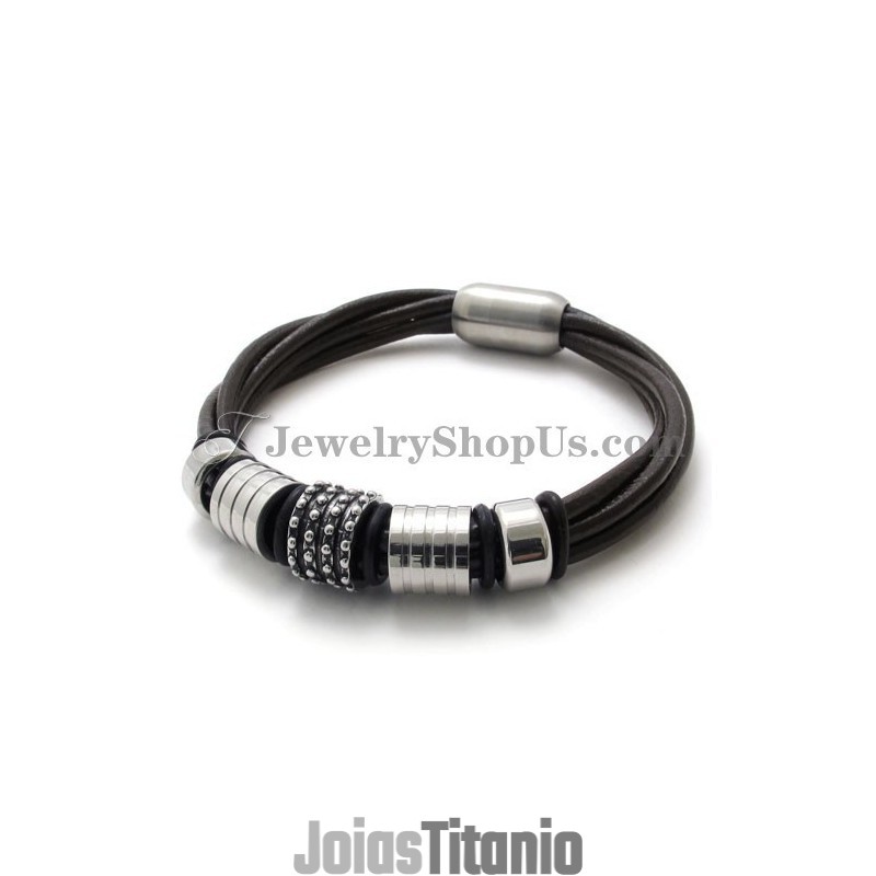 Pulseira Elegante De Couro Marrom Com Titânio Pulseira Elegante De Couro Marrom Com Titânio