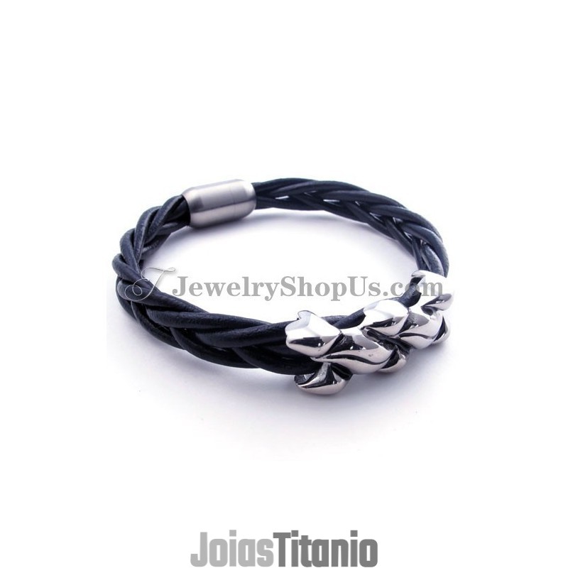 Pulseira Elegante De Couro E Titânio Pulseira Elegante De Couro E Titânio