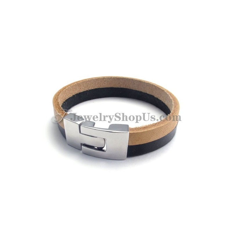 Pulseira Elegante De Couro Preto E Marrom Com Titânio