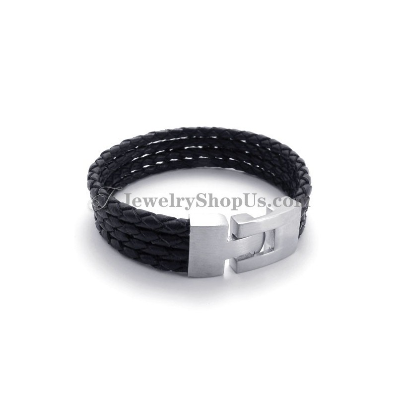 Pulseira Elegante De Couro Preto E Titânio