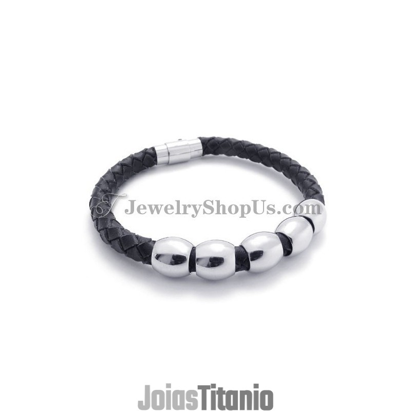 Pulseira De Couro Preto E Titânio Pulseira De Couro Preto E Titânio