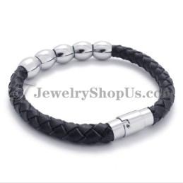 Pulseira De Couro Preto E Titânio