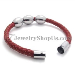 Pulseira De Couro E Titânio Vermelho
