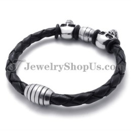 Pulseira Elegante De Couro Com Caveiras De Titânio