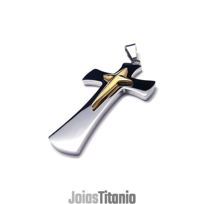 Colar Com Pingente De Cruz De Titânio Puro E Prata Dourada Masculino Colar Com Pingente De Cruz De Titânio Puro E Prata Dourada Masculino